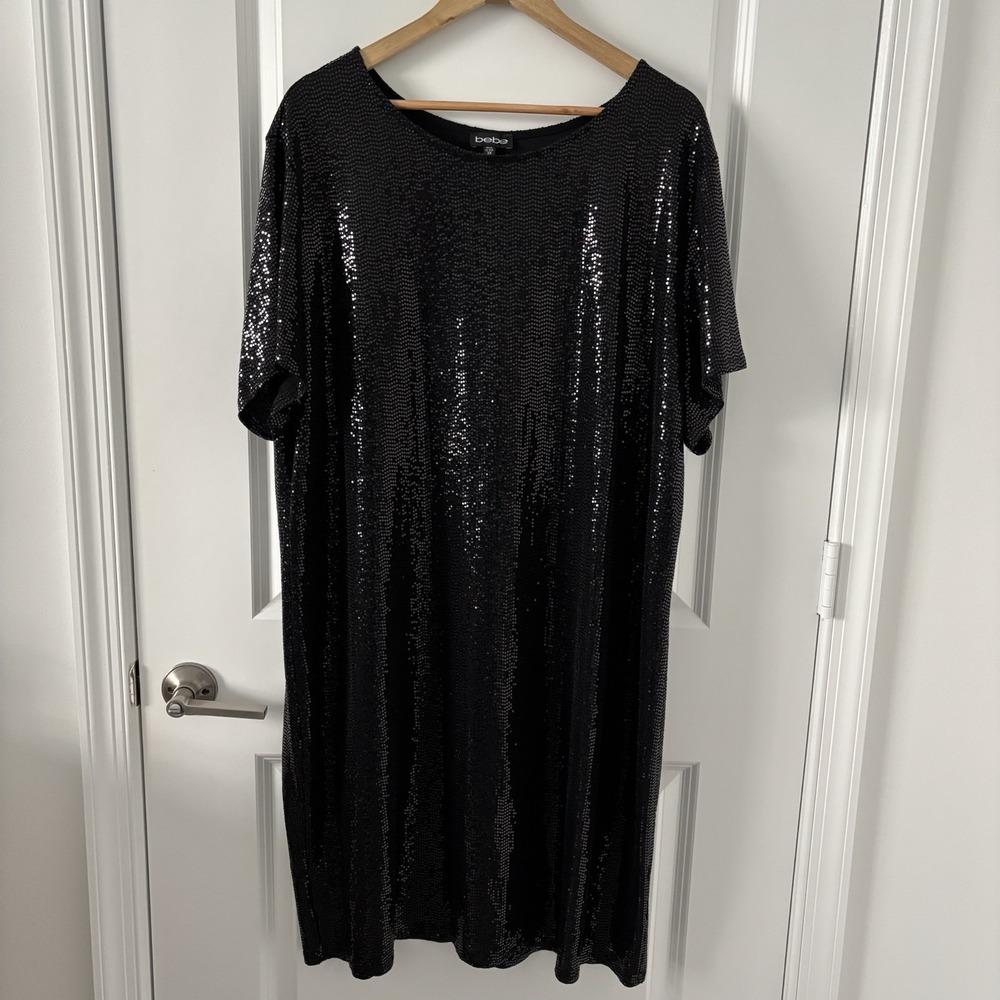 Bebe Black Sequin Short Sleeve Dress Size 3XL Party Cocktail